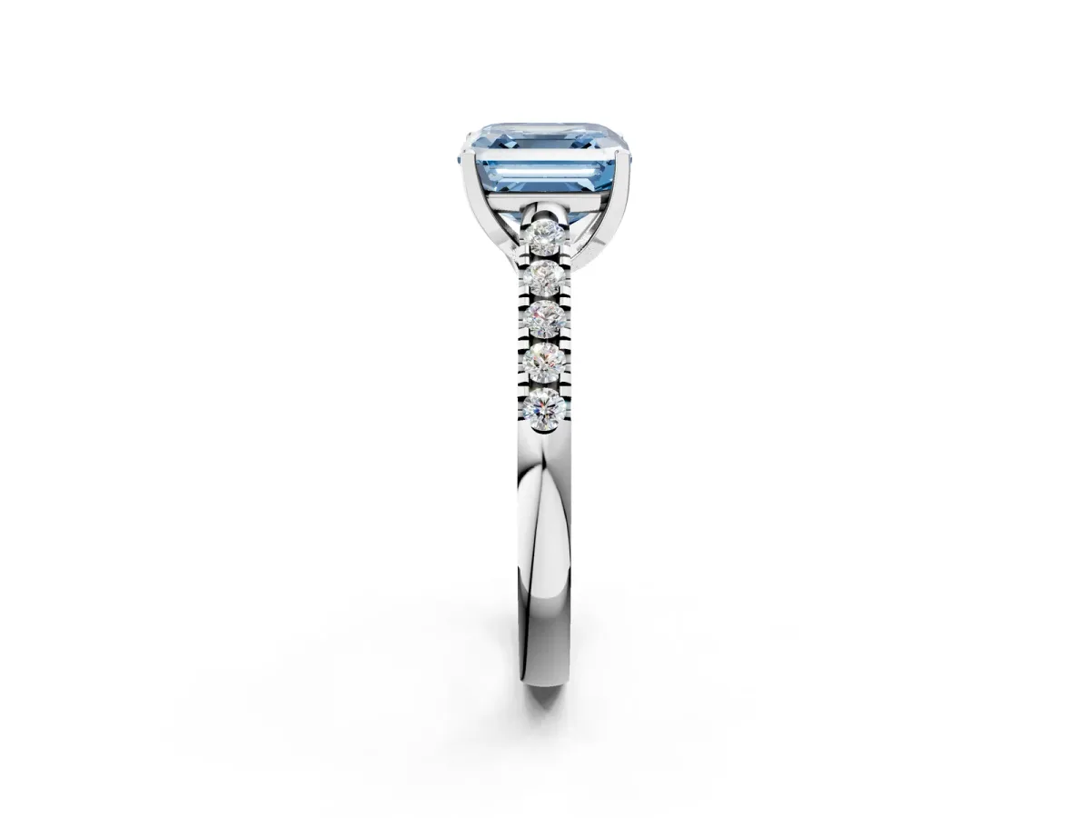 Fancy Blue Asscher Cut Diamond Pavé Band Solitaire Ring with Prong Setting Platinum
