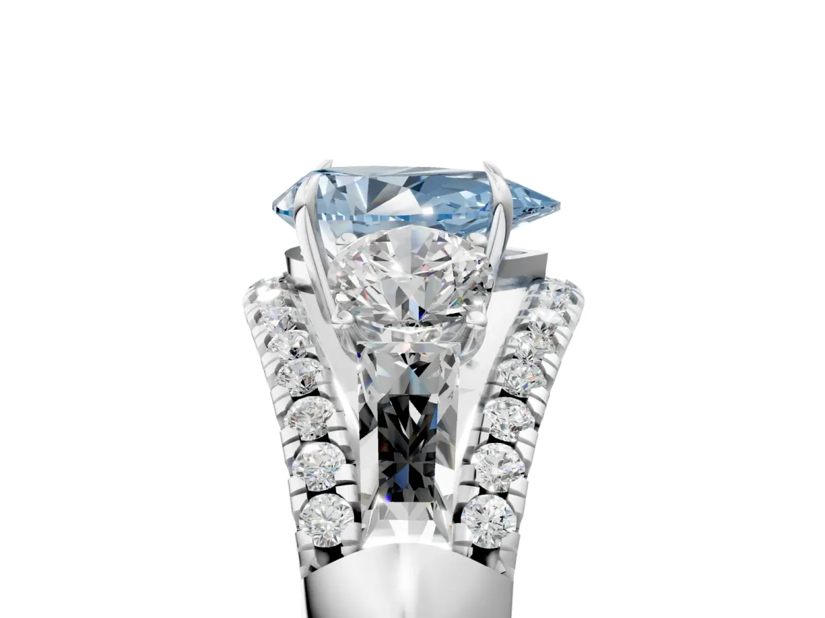 Fancy Blue Three-Stone Pear Cut Diamond Engagement Ring with Pave Band and Prong Setting Platinum