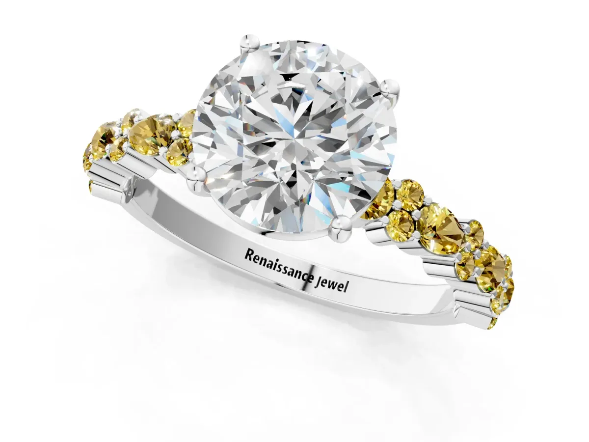 Round Cut Diamond Side Stone Solitaire Ring with Round Yellow Sapphire and Four-Prong Setting Silver