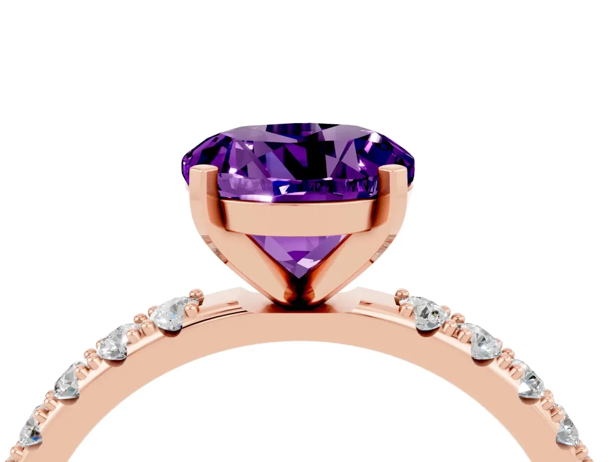 Round Cut Amethyst Solitaire Pavé Band with Four-Prong Setting Rose gold