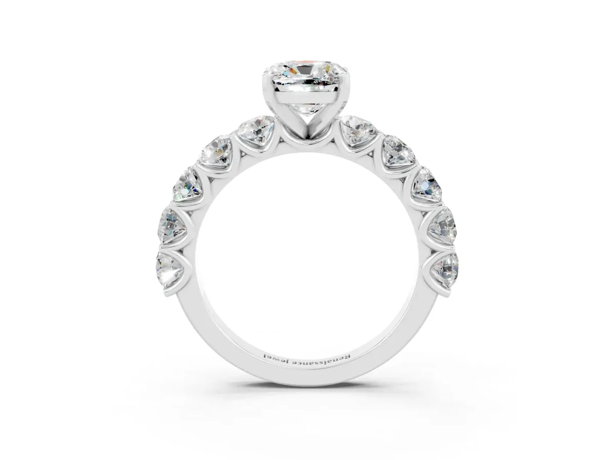 Cushion Cut Moissanite Prong Setting with Side Stones on a Pave Band Silver