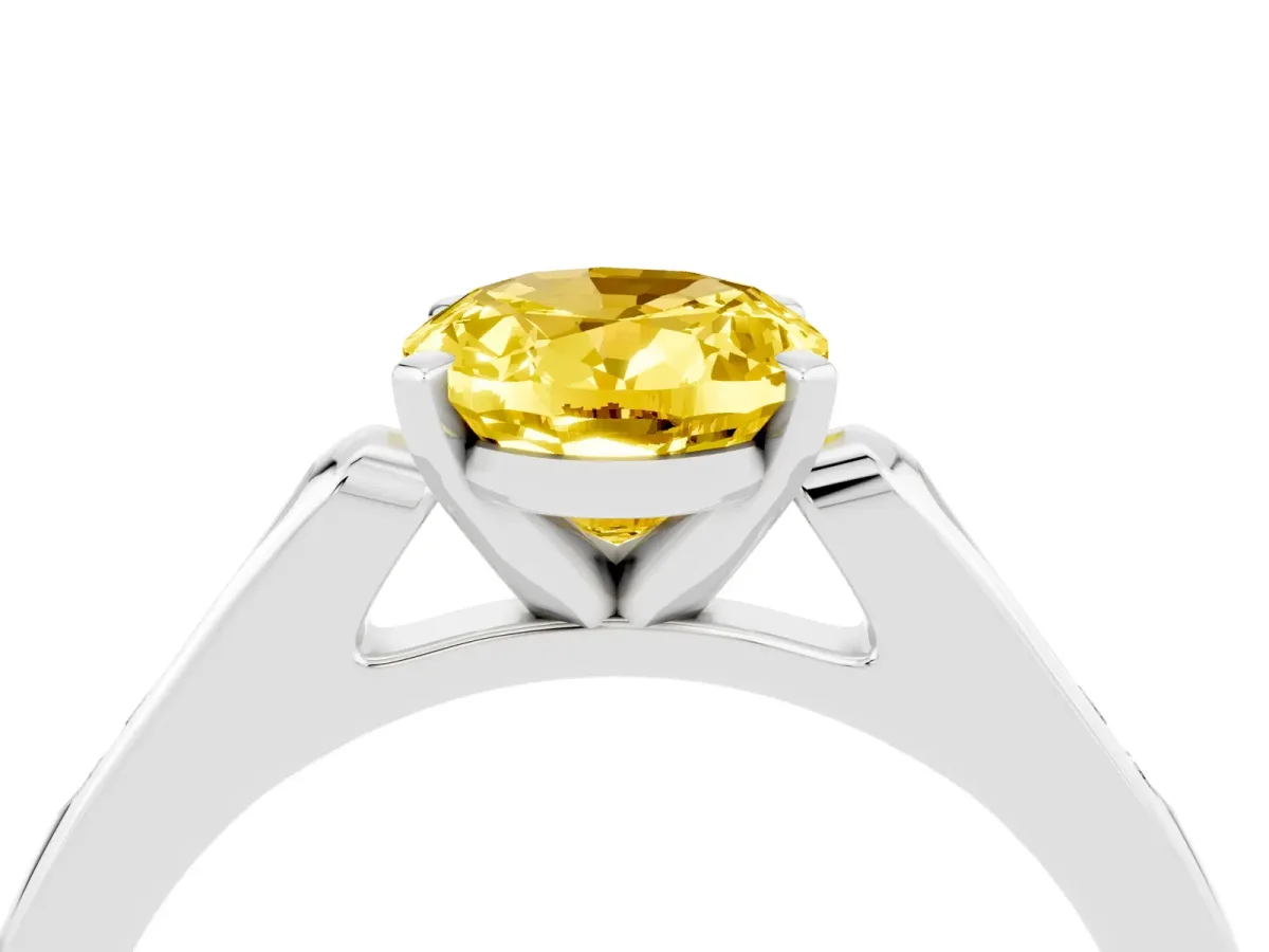 Oval Cut Yellow Sapphire Solitaire Ring with Channel Set Round Band and Prong Setting Silver
