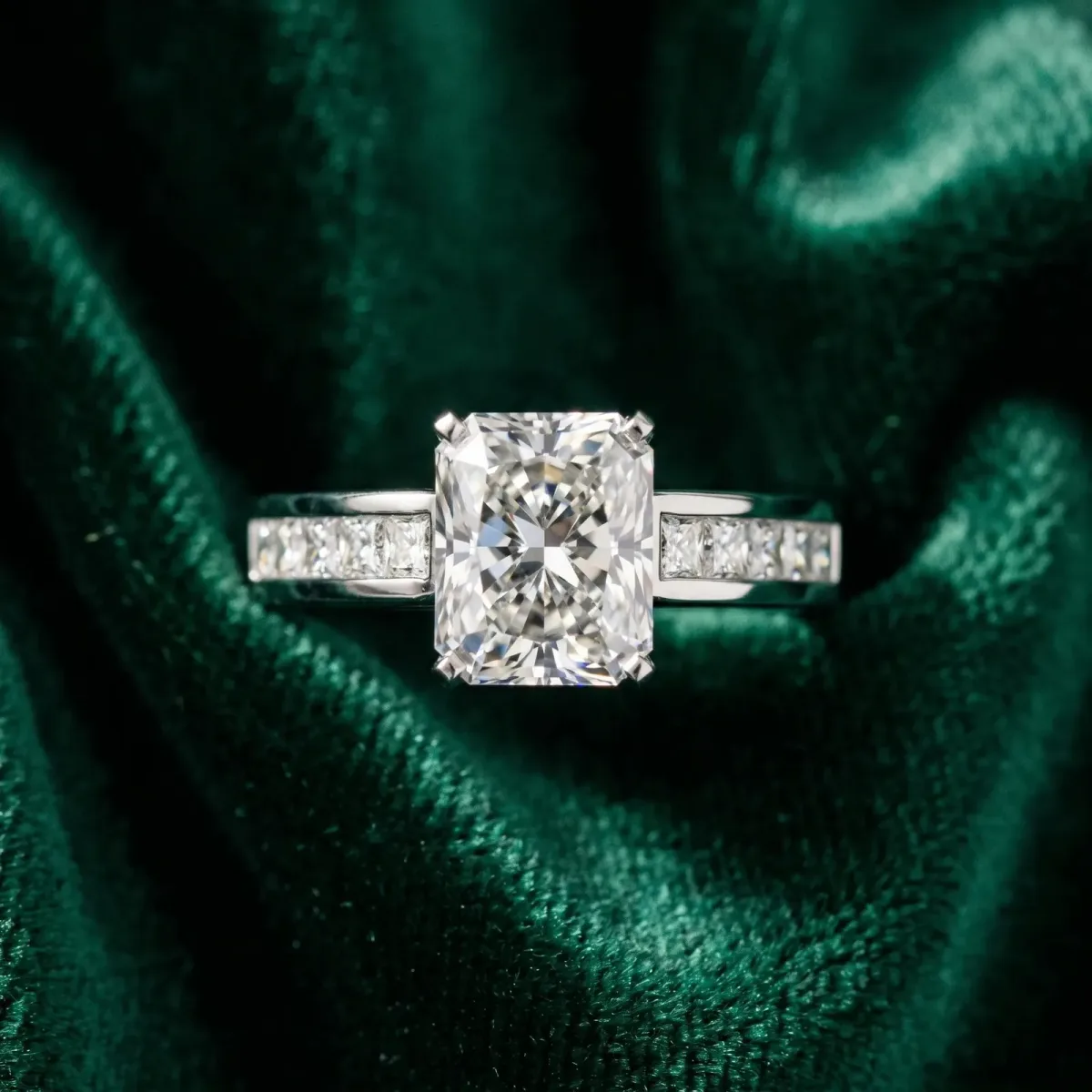 Radiant Cut Solitaire Diamond Ring with Channel-Set Band and Four-Prong Setting Platinum