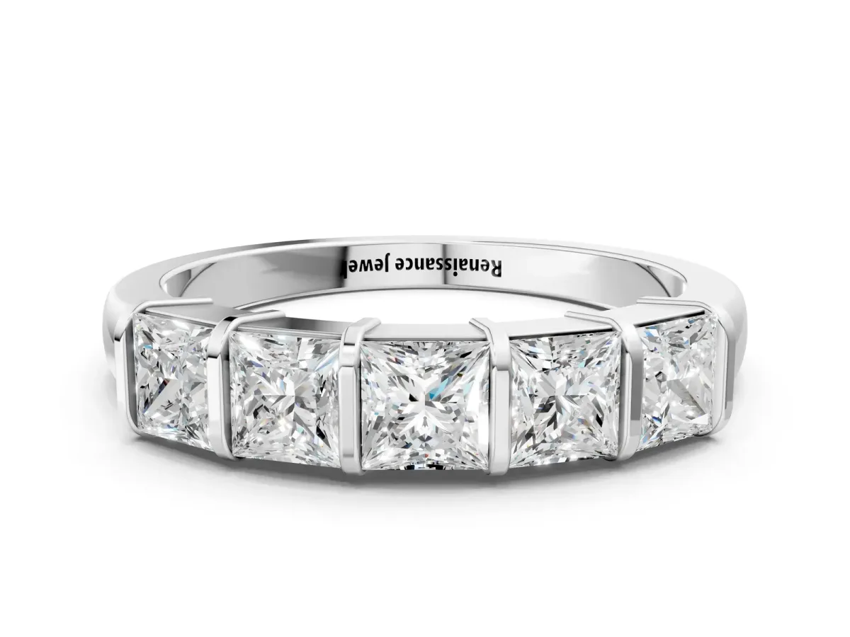 Princess Cut Channel Set Diamond Band with Bar Prong Setting Silver