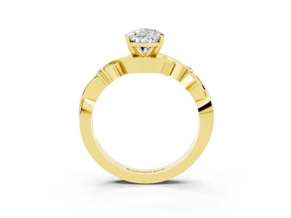 Pear Cut Moissanite Solitaire Ring with Twisted Band and Prong Setting Yellow gold