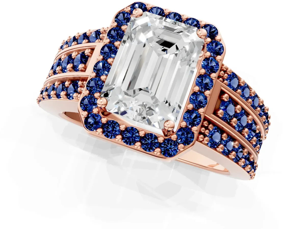 Emerald Cut Halo Diamond Ring with Round Blue Sapphire Split Shank and Prong Setting Rose gold