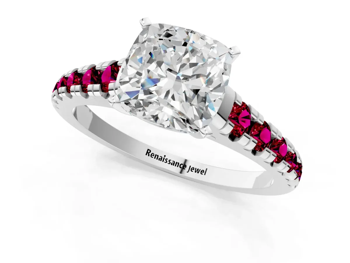 Cushion Cut Diamond Cathedral Solitaire Ring with Round Garnet Pavé Band Silver