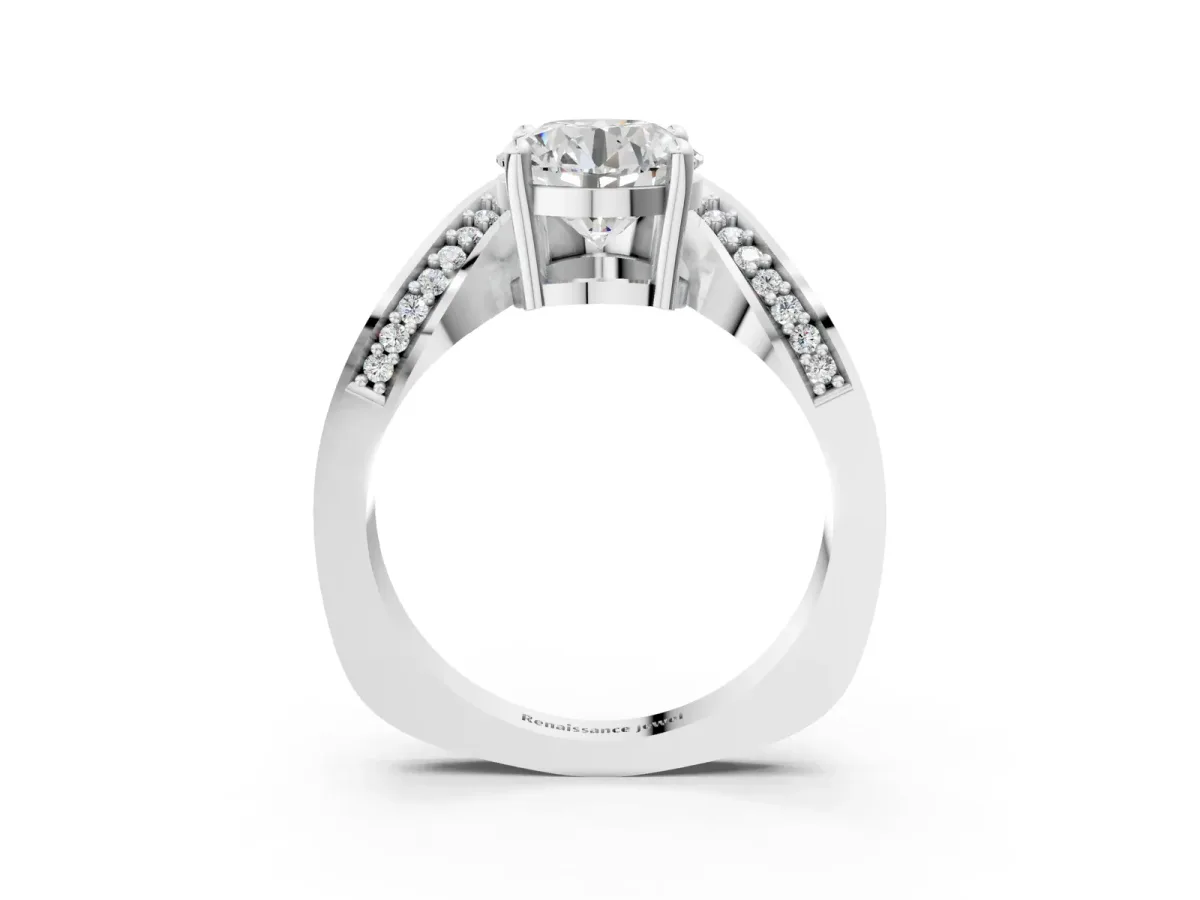 Round Cut Solitaire Diamond Engagement Ring with Pave Band and Four-Prong Setting Platinum