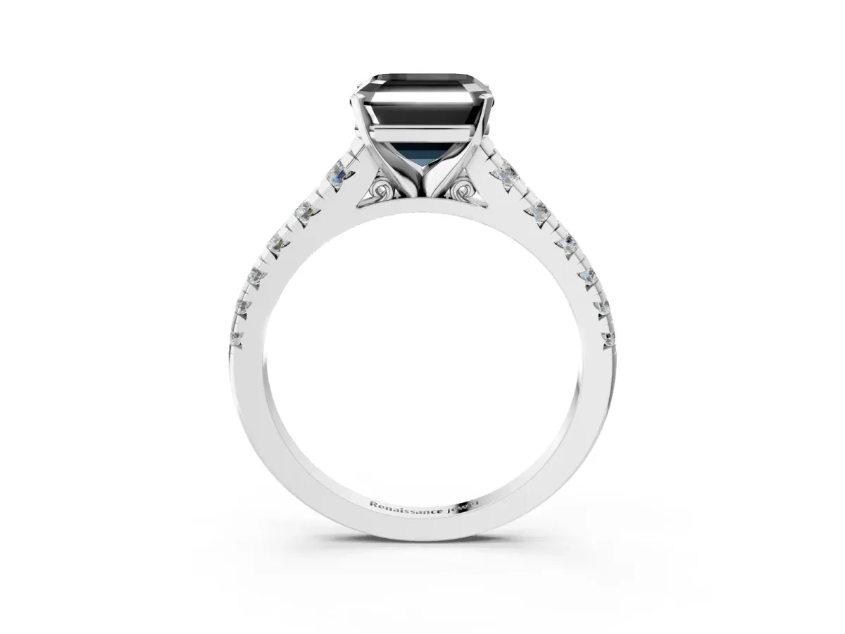 Fancy Black Asscher Cut Diamond Cathedral Solitaire Ring with Round Pavé Band Silver
