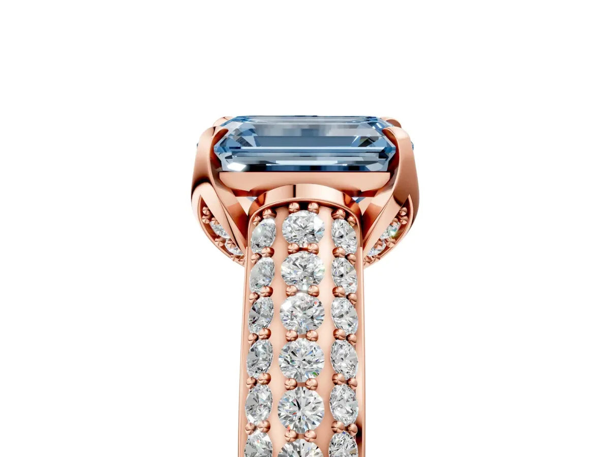 Fancy Blue Emerald Cut Diamond Solitaire Ring with Three-Row Pavé Band and Four-Prong Setting Rose gold