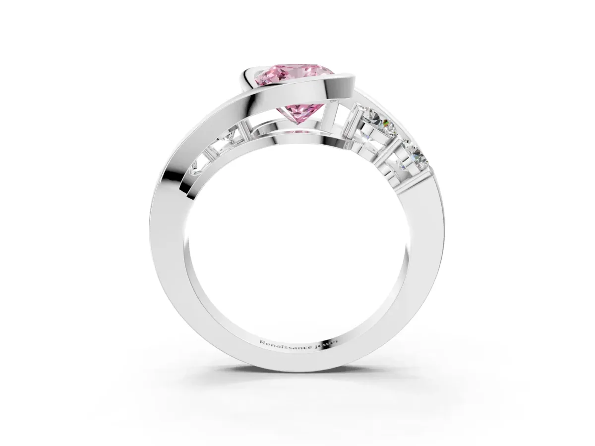 Fancy Pink Bezel Set Cushion Cut Diamond Bypass Ring with Round Accents Silver