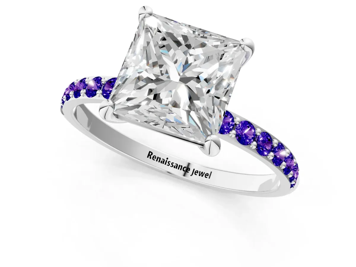 Princess Cut Diamond Solitaire Ring with Round Tanzanite Pavé Band and Prong Setting Silver