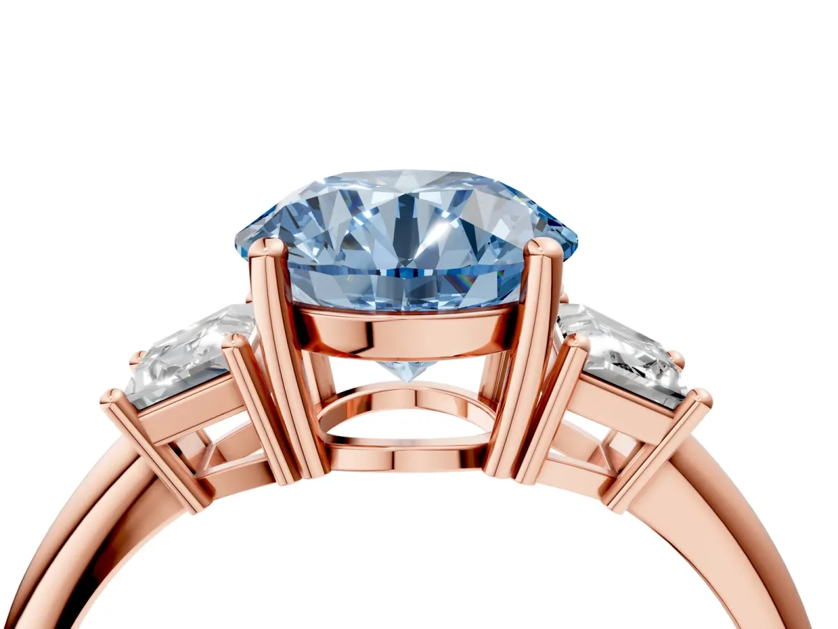 Fancy Blue Round Cut Diamond Three-Stone Ring with Trapezoid Side Stones and Prong Setting Rose gold