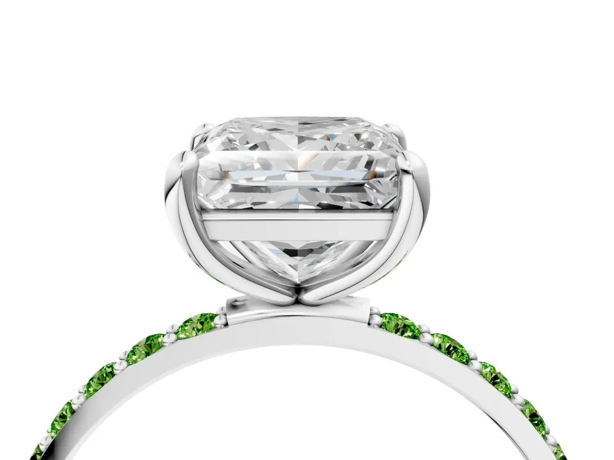 Princess Cut Diamond Solitaire Ring with Round Peridot Pavé Band and Prong Setting Silver