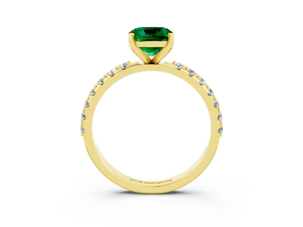Cushion Cut Emerald Solitaire Pavé Band with Four-Prong Setting Yellow gold