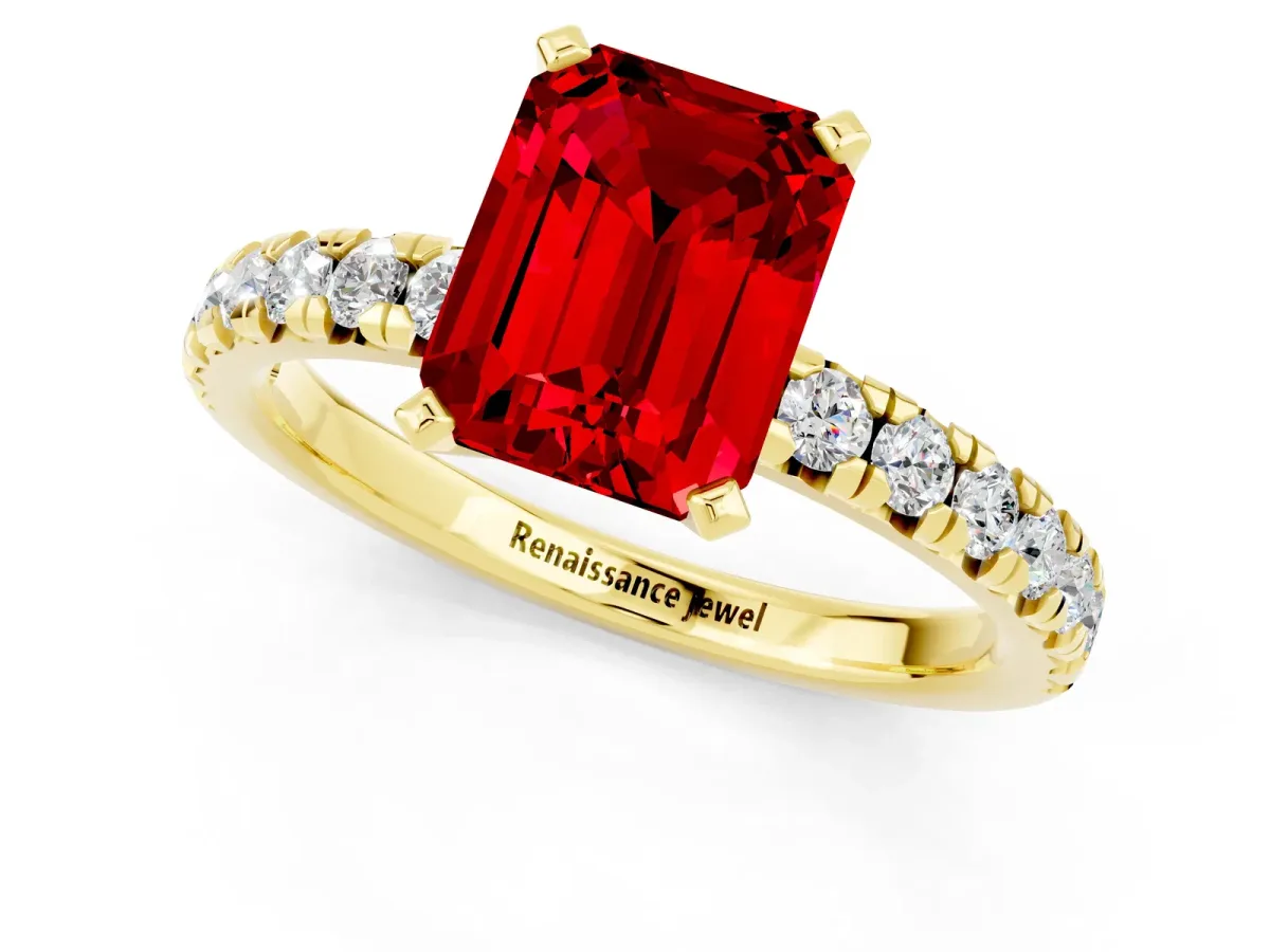 Emerald Cut Ruby Solitaire Pavé Engagement Ring with Round Band and Prong Setting Yellow gold
