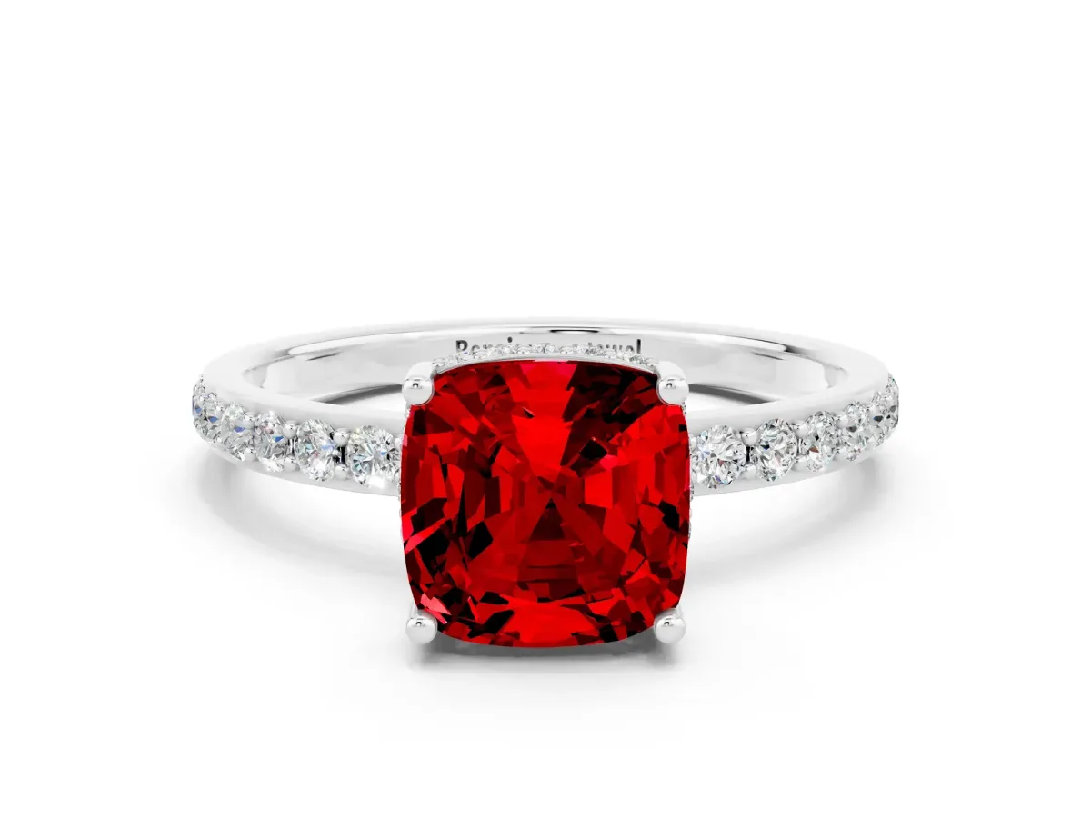 Cushion Cut Ruby Solitaire Ring with Pavé Band and Hidden Halo Silver