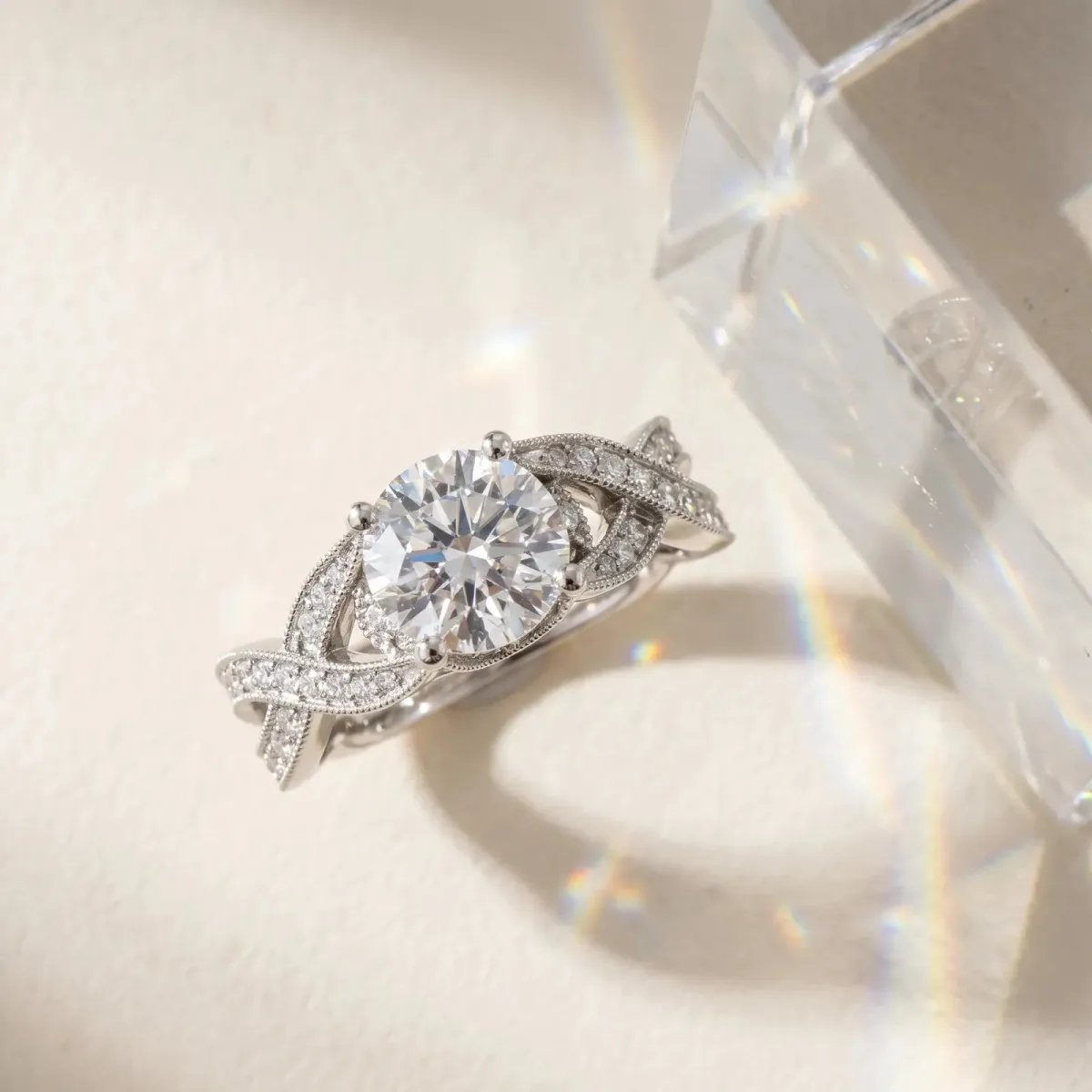Asscher Cut Cut Diamond Twisted Band with Milgrain Pave Setting and Four-Prong Setting Platinum