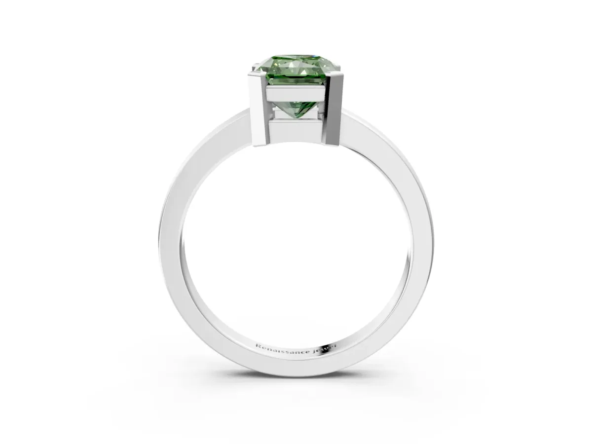 Fancy Green Radiant Cut Cut Solitaire Ring with Four-Prong Setting and Classic Band Platinum
