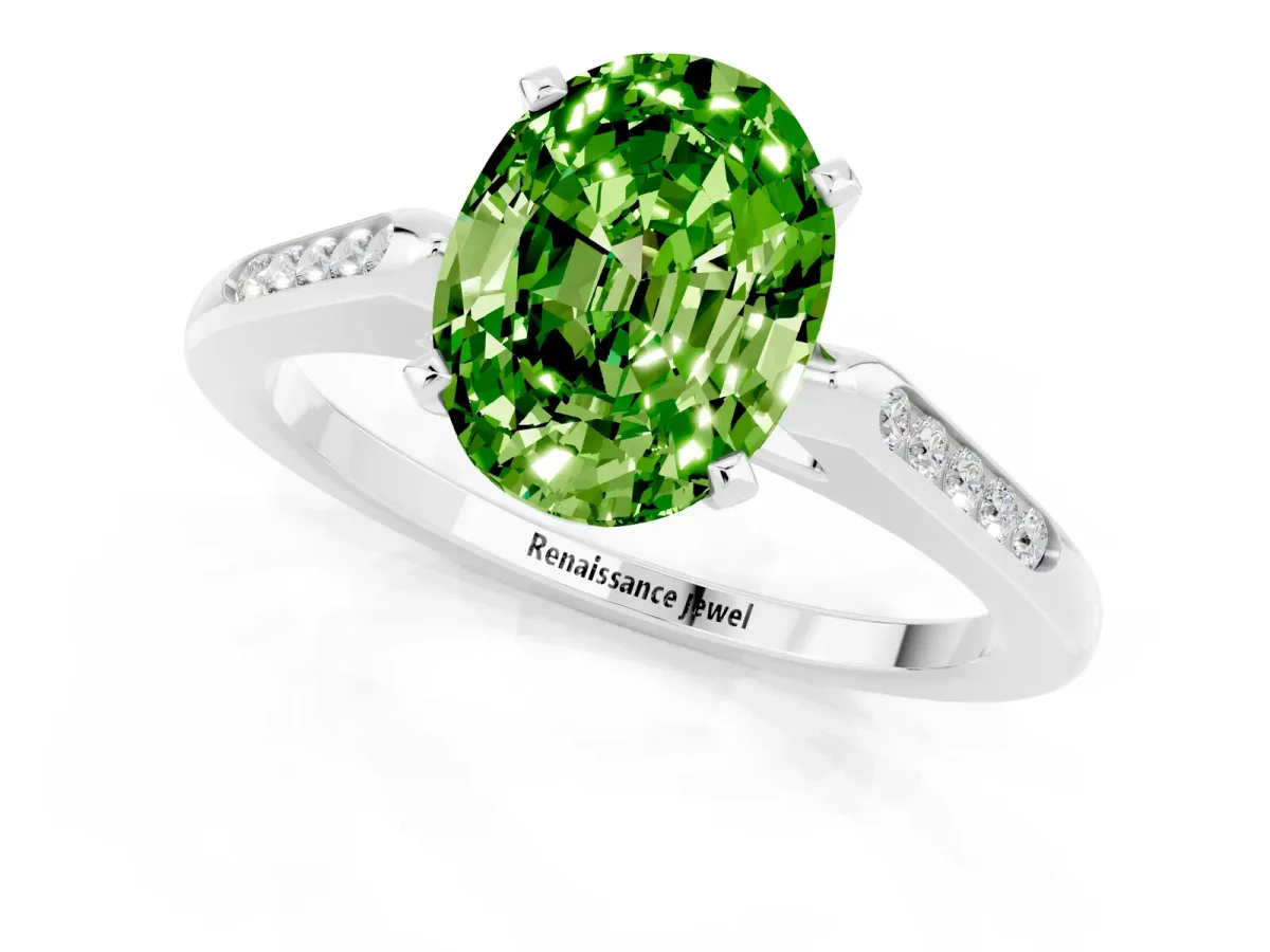 Oval Cut Peridot Solitaire Ring with Channel Set Round Band and Prong Setting Silver