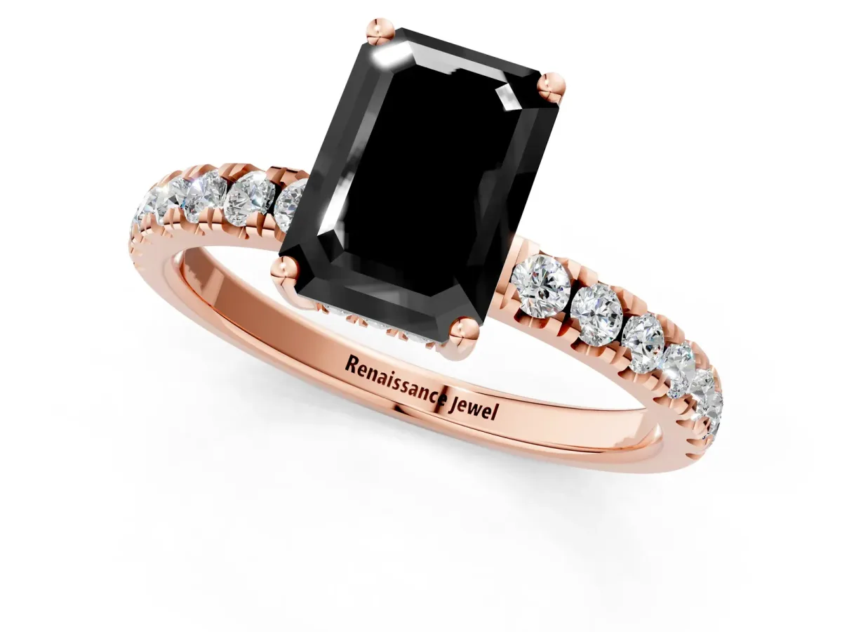 Fancy Black Emerald Cut Diamond Pave Band Solitaire Ring with Round and Prong Setting Rose gold