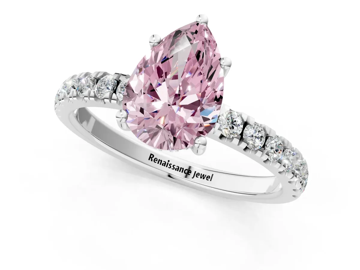 Fancy Pink Pear Cut Diamond Pave Band Solitaire Ring with Round and Prong Setting White gold