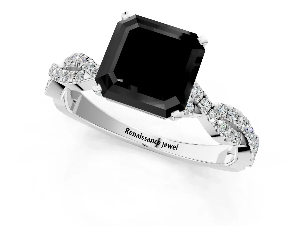 Fancy Black Asscher Cut Solitaire Twisted Pave Band with Four-Prong Setting Platinum