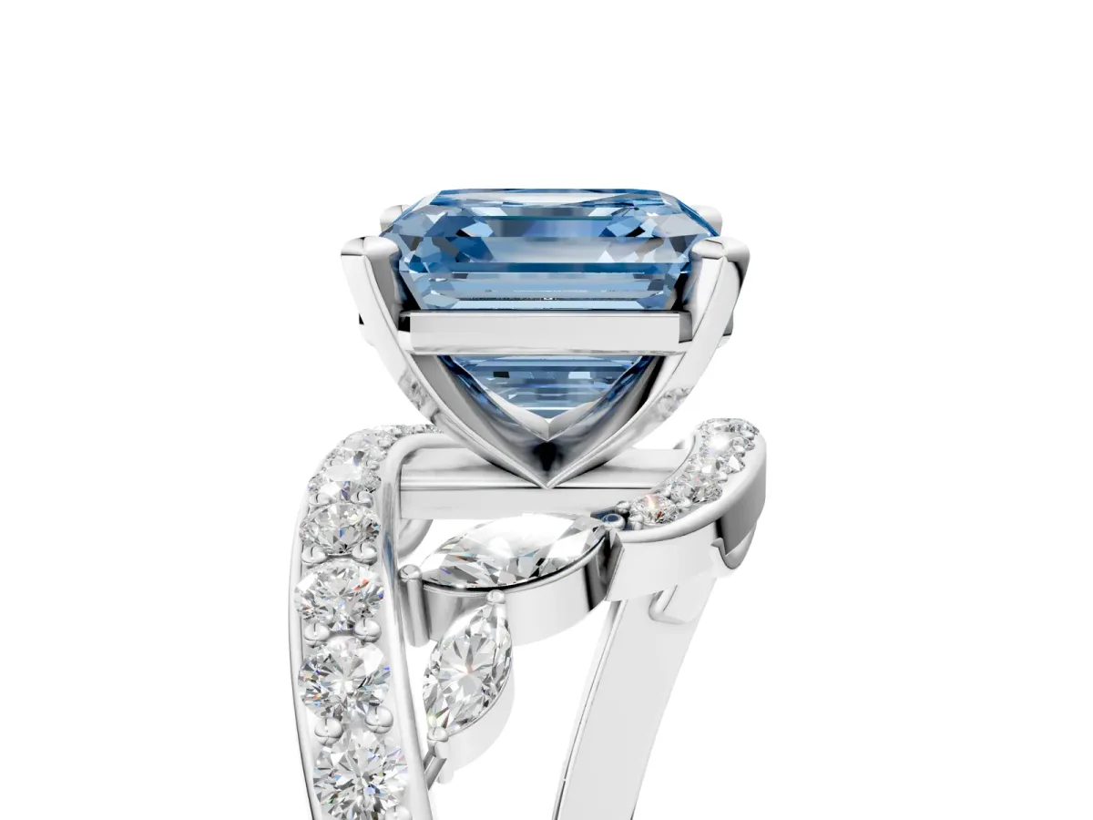 Fancy Blue Asscher Cut Solitaire with Pavé Twist Band and Four-Prong Setting Platinum