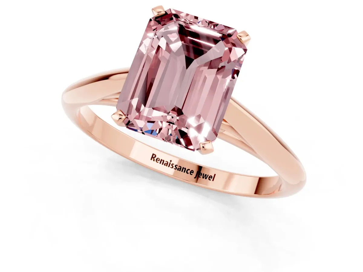 Emerald Cut Morganite Solitaire Engagement Ring with Cathedral Setting and Four-Prong Mount Rose gold