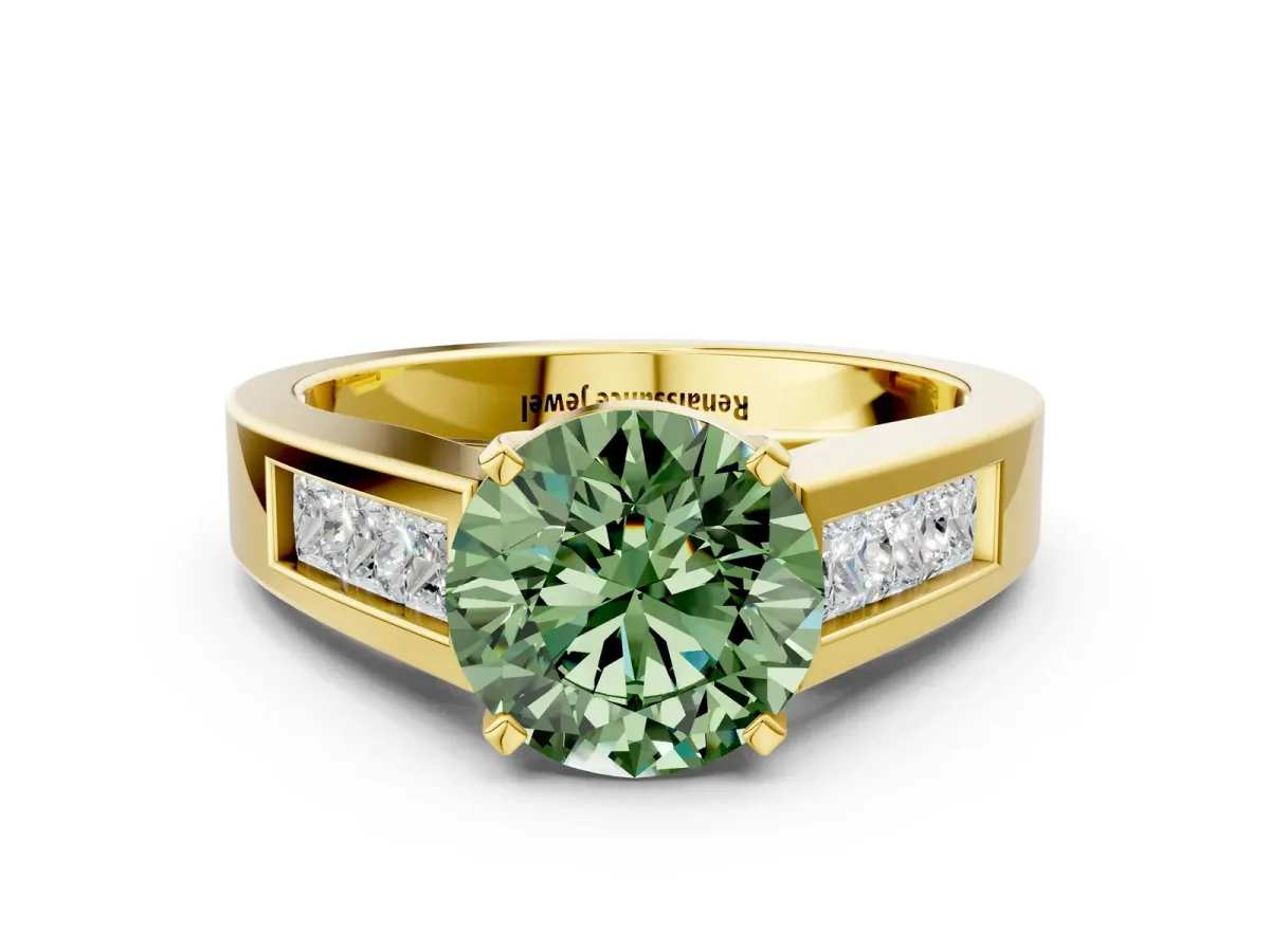 Fancy Green Round Cut Cut Channel Set Solitaire Ring with Four-Prong Setting Yellow gold