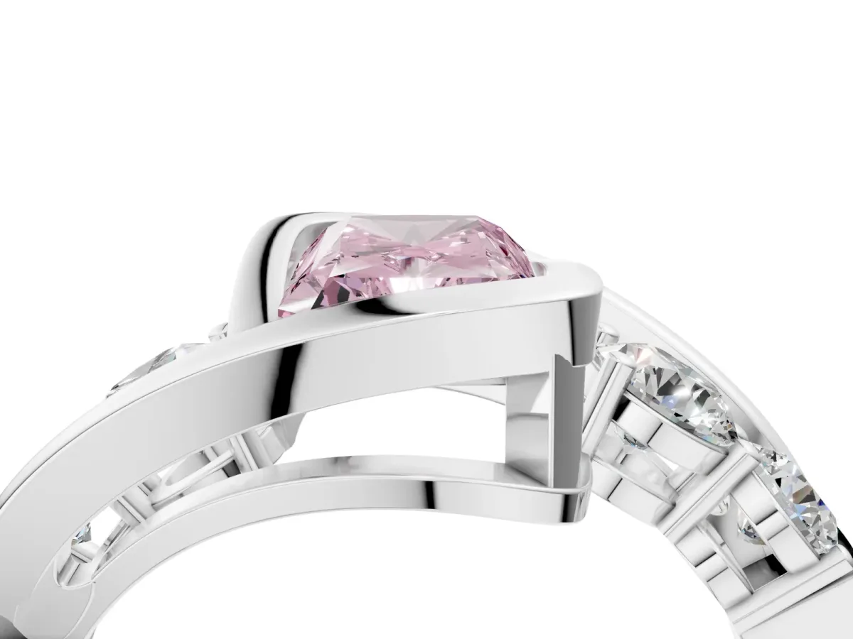 Fancy Pink Bezel Set Radiant Cut Diamond Bypass Ring with Round Accents Silver