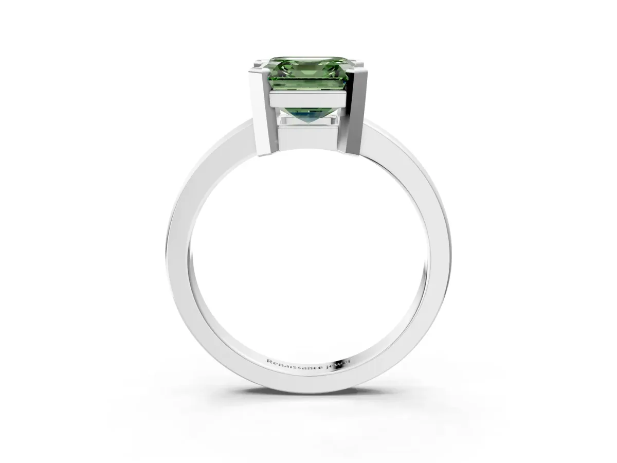 Fancy Green Asscher Cut Cut Solitaire Ring with Four-Prong Setting and Classic Band Platinum