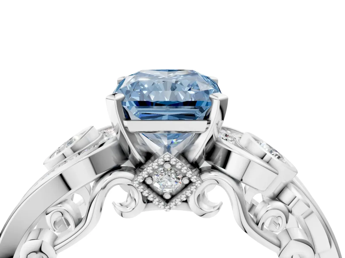 Fancy Blue Radiant Cut Diamond Solitaire Ring with Milgrain Pavé Band and Four-Prong Setting Silver