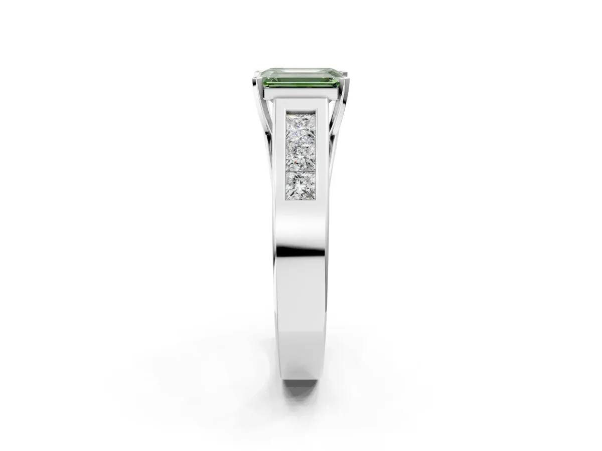 Fancy Green Emerald Cut Cut Channel Set Solitaire Ring with Four-Prong Setting White gold