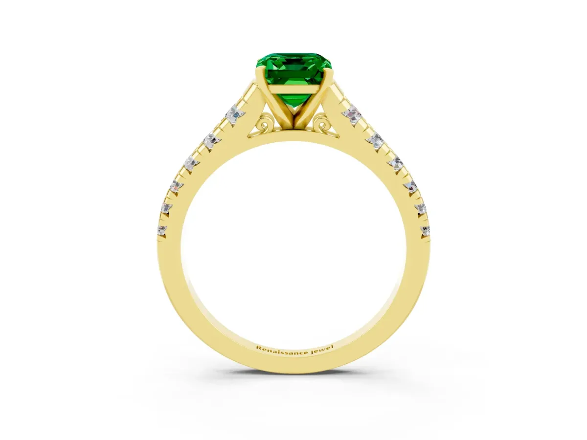 Emerald Cut Emerald Cathedral Solitaire Ring with Round Pavé Band Yellow gold