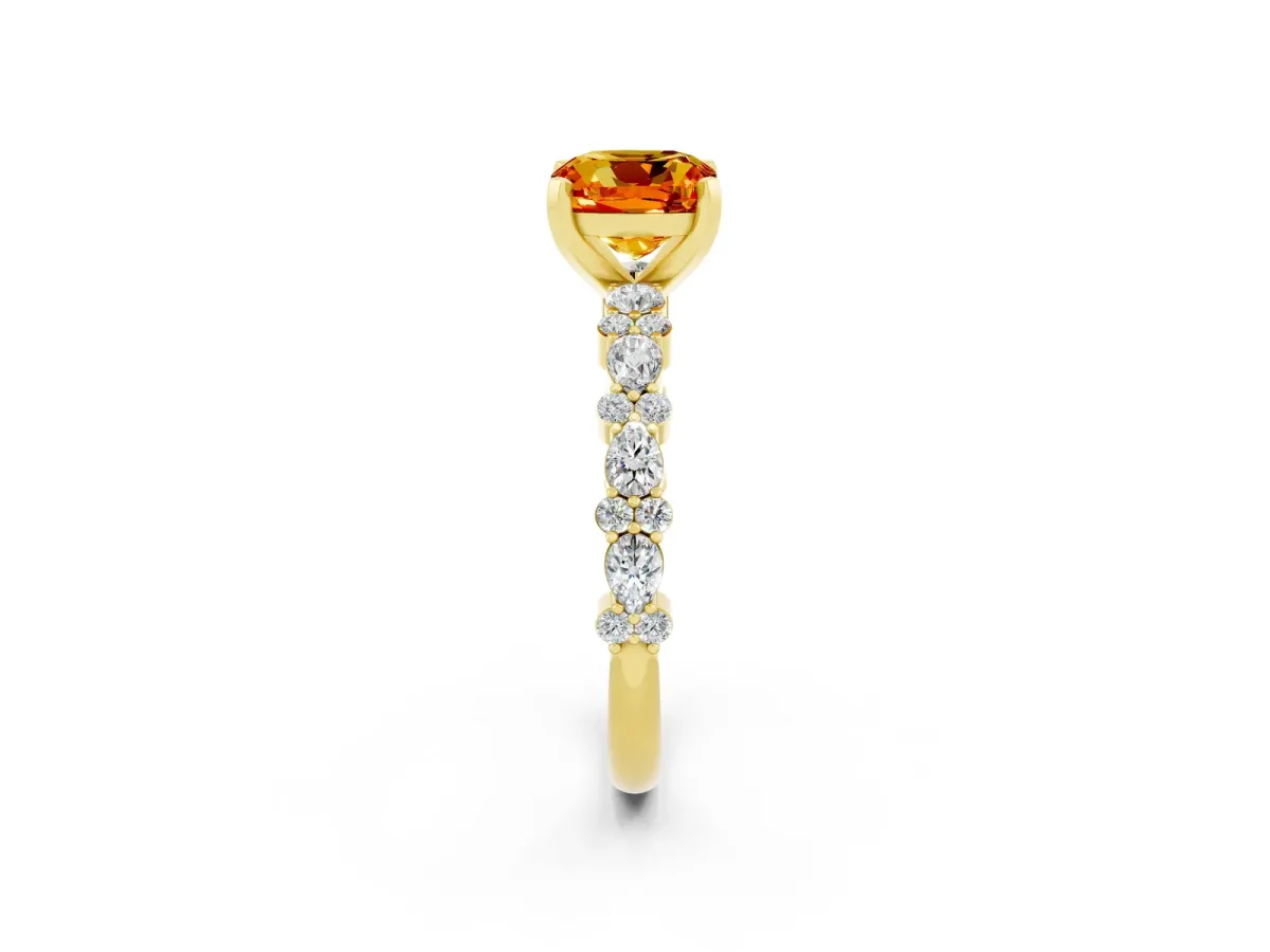 Cushion Cut Citrine Side Stone Solitaire Ring with Round and Four-Prong Setting Yellow gold