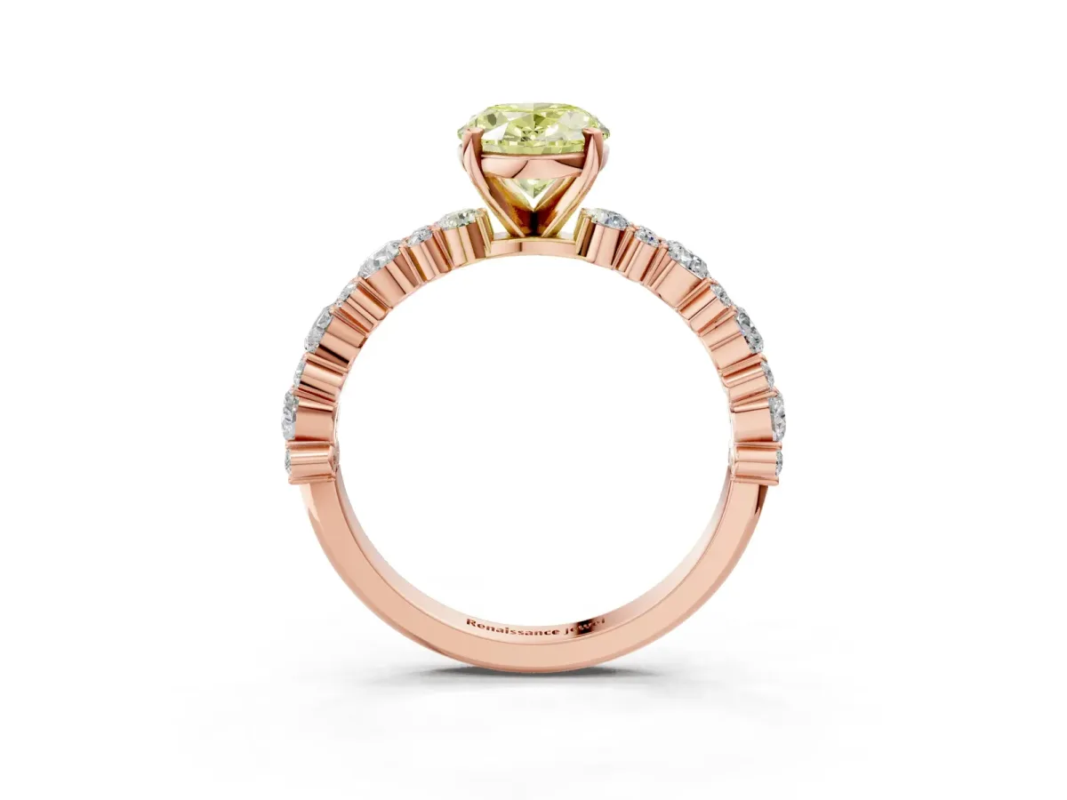 Fancy Yellow Oval Cut Diamond Side Stone Solitaire Ring with Round and Four-Prong Setting Rose gold