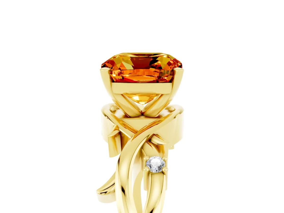 Cushion Cut Citrine Solitaire Ring with Twisted Band and Prong Setting Yellow gold