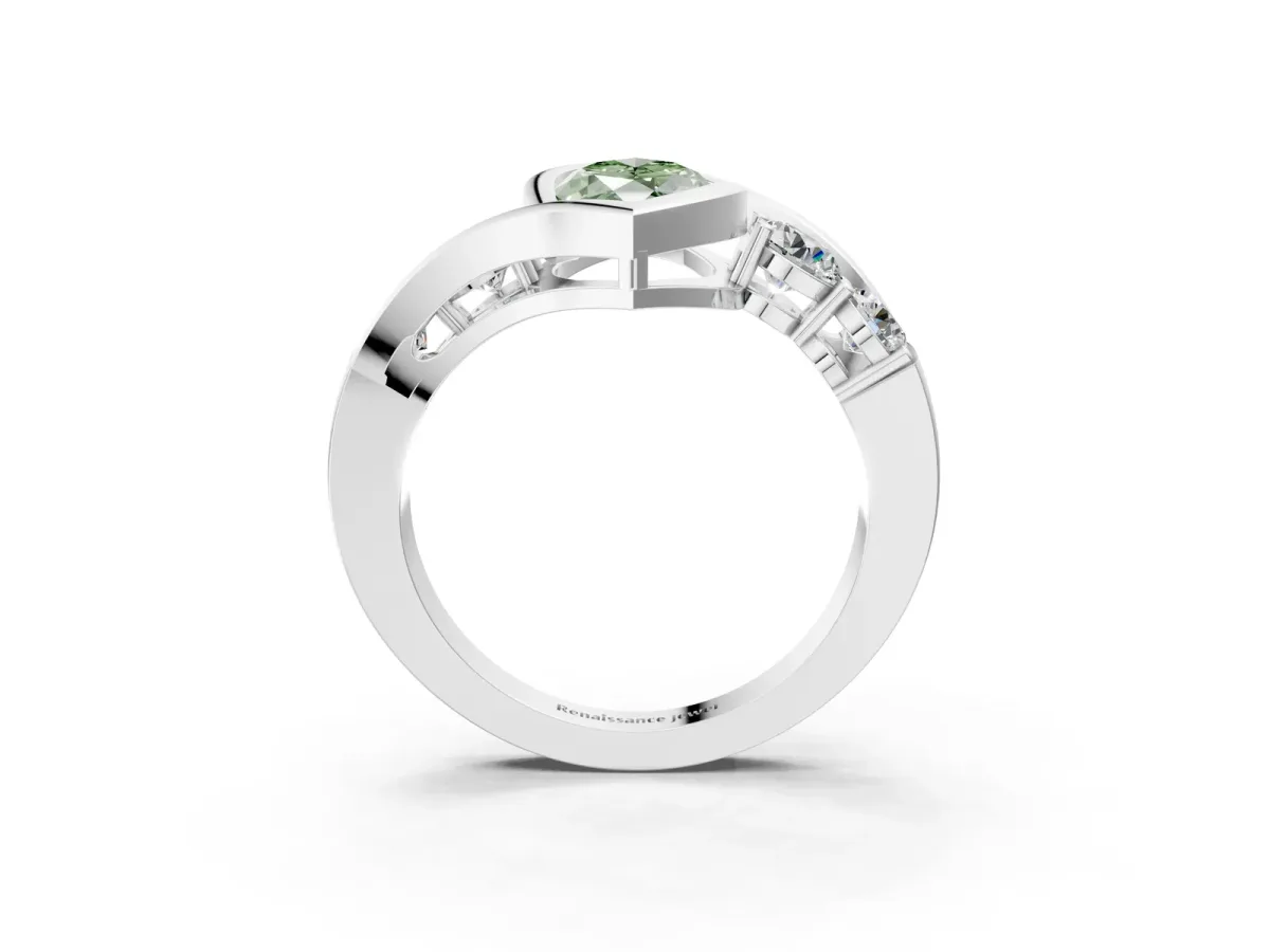 Fancy Green Bezel Set Marquise Cut Diamond Bypass Ring with Round Accents Silver