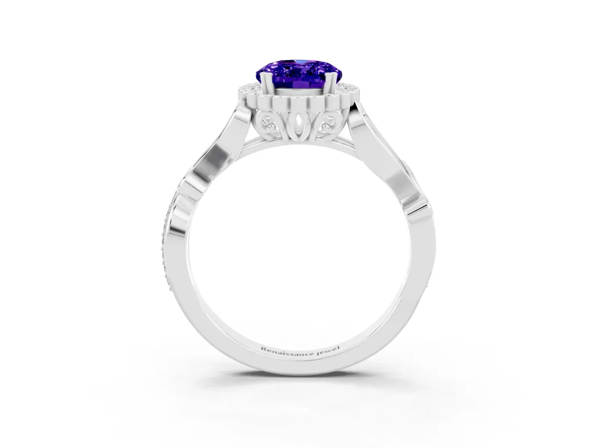 Oval Cut Tanzanite Halo Ring with Vintage Split Shank and Four-Prong Setting Silver
