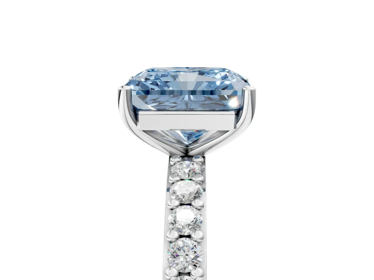 Fancy Blue Radiant Cut Cut Diamond Solitaire with Pave Band and Four-Prong Setting Platinum