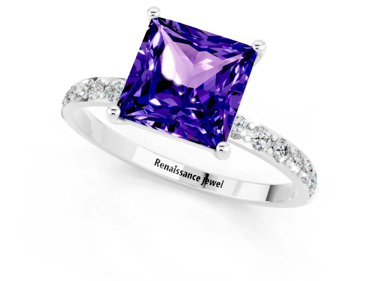 Princess Cut Tanzanite Solitaire Ring with Round Pavé Band and Prong Setting Silver