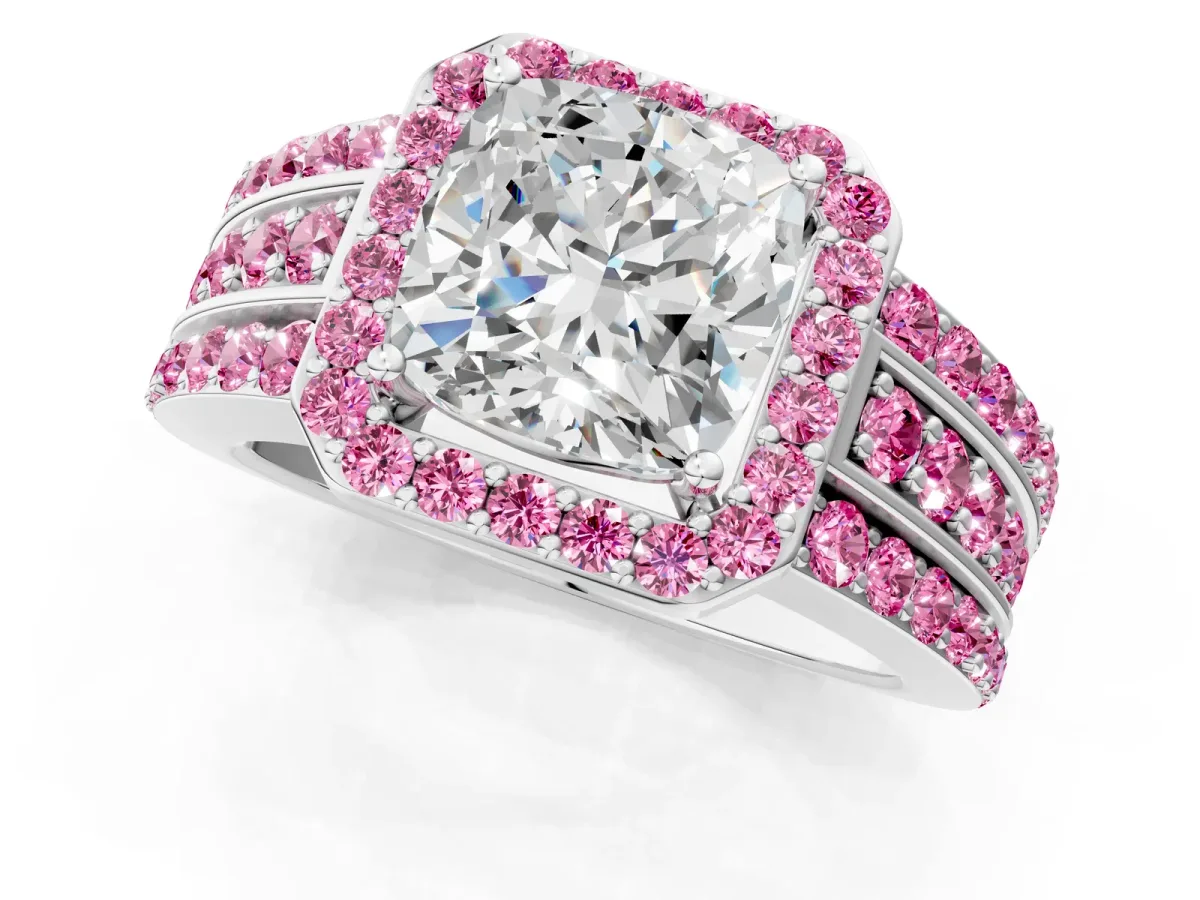 Cushion Cut Halo Diamond Ring with Round Pink Sapphire Split Shank and Prong Setting Silver