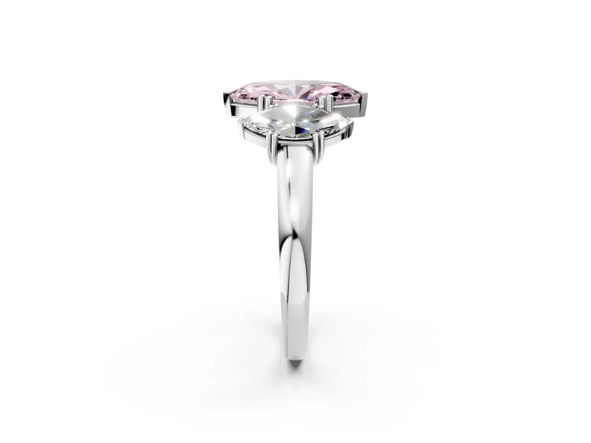Fancy Pink Three-Stone Marquise Cut Cut Diamond Ring with Channel Set Band and Four-Prong Setting Silver