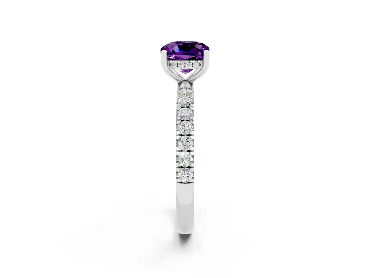 Cushion Cut Amethyst Pave Band Solitaire Ring with Round and Prong Setting Platinum