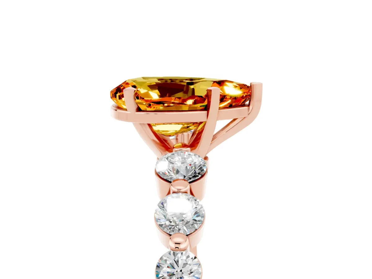 Pear Cut Solitaire Citrine Ring with Pave Band and Four-Prong Setting Rose gold
