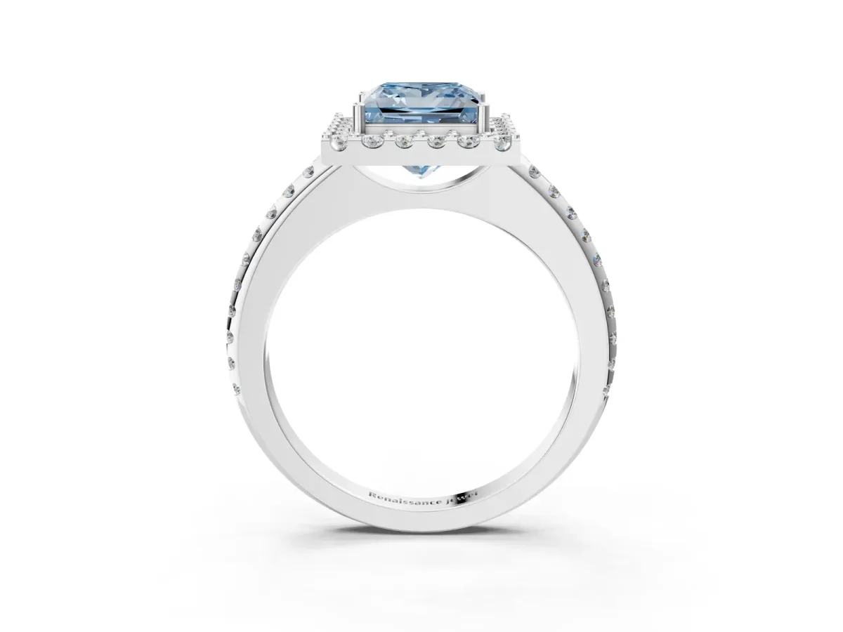 Fancy Blue Princess Cut Diamond Pavé Halo Ring with Four-Prong Setting White gold