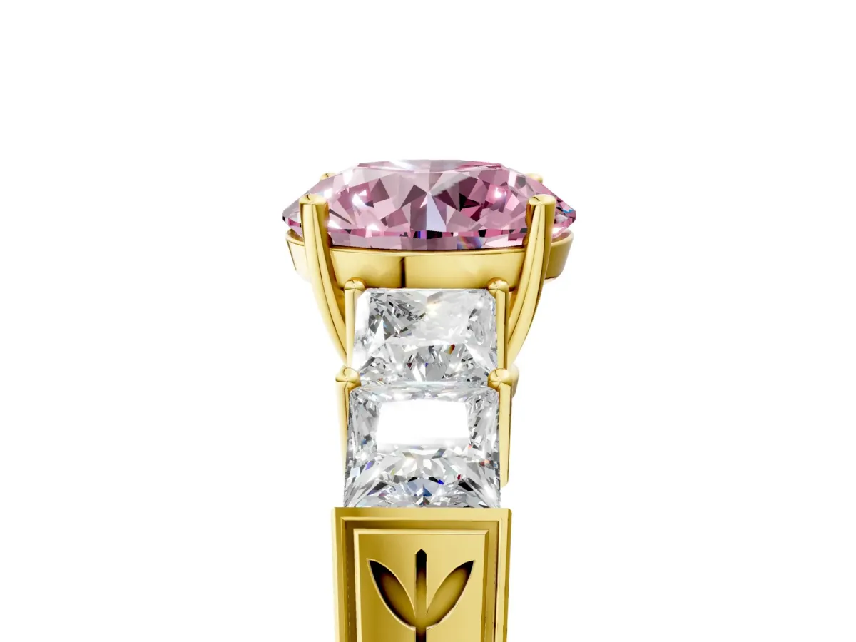 Fancy Pink Round Cut Solitaire Princess Side Stone Engraved Band Prong Setting Ring Yellow gold