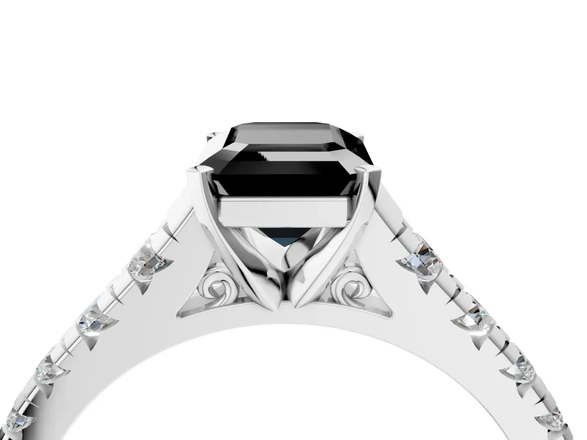 Fancy Black Emerald Cut Diamond Cathedral Solitaire Ring with Round Pavé Band Platinum