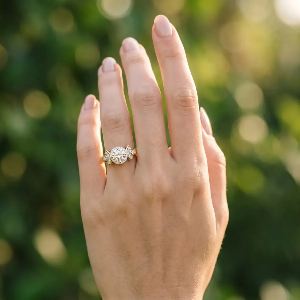 Round Cut Halo Diamond Split Shank Engagement Ring with Four-Prong Setting Yellow gold